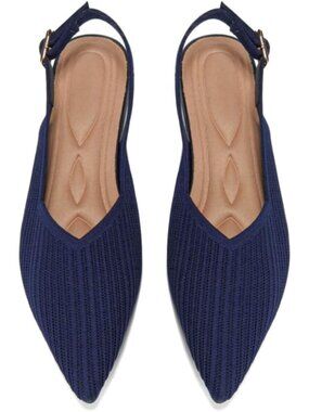 Women's Blue Pointed Toe Knit Ballet Flats with Adjustable Ankle Strap Shoes
